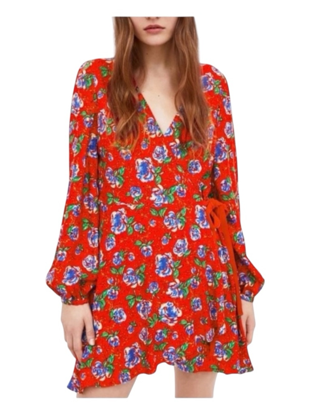 ZARA Trafaluc Collection Long Sleeve Wrap Romper in Red w/Flowers, Size S.